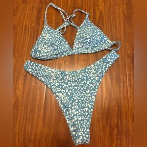 Blue White Cheetah Print Triangle Bikini Set